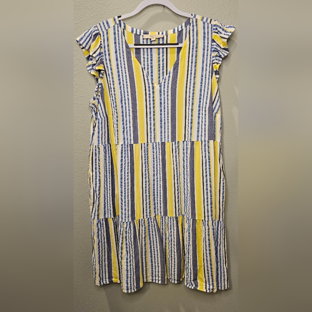 Loft Plus Size Dress. Size 16. Yellow, Blue, White Stripes. Pockets.